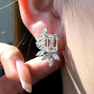 Elegant Silver Moissanite Diamond <b>Earrings</b> in Sterling Silver <b>Emerald</b> Cut Diamond <b>Earrings</b> With Marquise Accents For Women - Product Image 1
