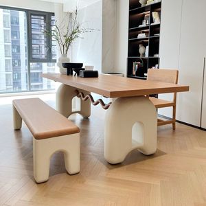 Solid Wood Cream Colored McDull Dining <b>Table</b> Nordic Rectangular Designer Desk For Home Office Use - Product Image 1