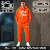 Cenloong Set Hoodie dan Jogger Pria Custom 100% Katun dengan Cetak Puff Warna Oranye untuk Musim Dingin, Produsen Grosir