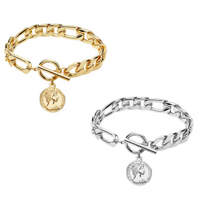 Bracelet Chaîne Figaro Épaisse en Alliage Plaqué Or 18K avec Pendentif Pièce Ronde OT pour Femme - Bijoux de Mode Personnalisés - Product Image 1