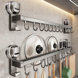 <b>Kitchen</b> Suction Cup Storage Rack With <b>Hooks</b> Wall Mounted Knife Holder Utensil Organizer Pot Lid Rack Chrome Finish Punch Free - Product Image 5