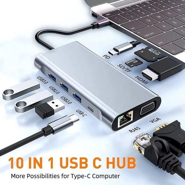 Xput 10 in 1 Multifunction USB C Hub 4K HDMI VGA RJ45 Ethernet USB3.0 PD Fast Charging Multiport Adapter for Laptop