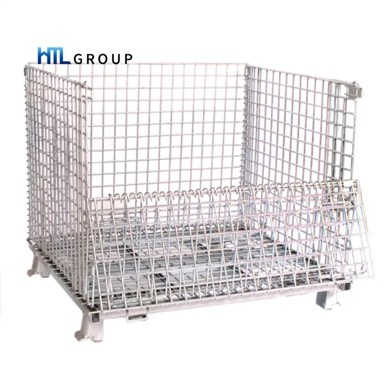 Collapsible cargo folding stackable warehouse portal wire mesh container