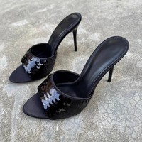 Sandales à Talons Hauts Élégantes pour Femmes, Mules Sexy Pailletées de Soirée pour Dames