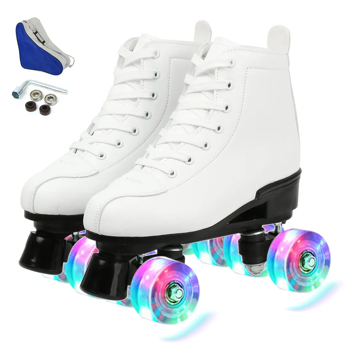 Premium PU Leather High-top Four-Wheel Roller Skates Rechargeable Shiny Roller Skates for Unisex Youth Adults Roller Skates Classic Roller Skates