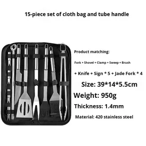 Ensemble d'outils de barbecue en acier inoxydable de 15 pièces pour le camping, vente chaude, pinces à nourriture, fourchette, usage domestique, spatule à fentes, brosse, couteau, extérieur - Product Image 4