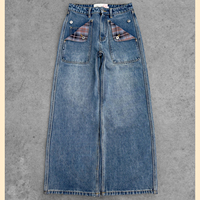 Jeans à jambes larges, jeans à poches à rabat à carreaux, pantalons en denim baggy Y2k, jeans cargo vintage lavés