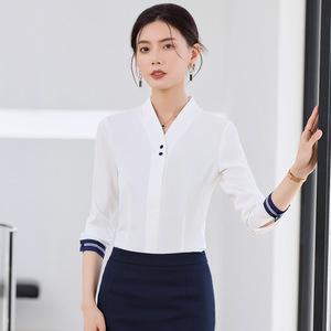 Women's White Long Sleeve Shirt Solid Color Contrast Cuff Office Wear Polyester Poplin OL Uniform YX602 - Product Image 2