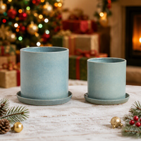 Vases décoratifs en céramique Art Déco bleu poussière mat cylindriques avec trous de drainage et soucoupes