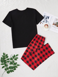 स्पाइडर प्रिंट आकस्मिक फैशन शॉर्ट आस्तीन शीर्ष और प्लेड पैंट पुरुषों पाजामा सेट बुना थर्मल लुभावनी - Product Image 5