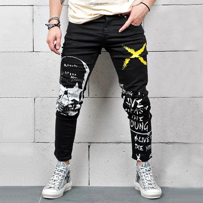 Custom Style Jean For Man Plus Size Distressed Hand-Painted Straight Denim Pants