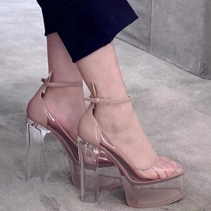 Nouvelles Sandales d'été pour femmes en PVC, à talons hauts épais et plateforme transparente, ornées de cristaux, avec boucles de cheville, couleur abricot - Product Image 3