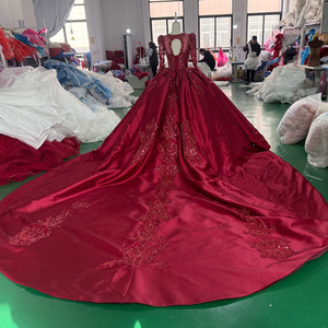 Extravagant <b>Red</b> Satin Ball Gown Wedding Dress <b>Glitter</b> Appliques Pearls Xs121 - Product Image 4
