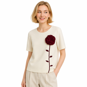 Camicetta Estiva da <span class=keywords><strong>Donna</strong></span> in Stile Francese Vintage con Ricami Floreali 3D in Poliestere Plissettato a <span class=keywords><strong>Mezza</strong></span> <span class=keywords><strong>Manica</strong></span> - Product Image 4