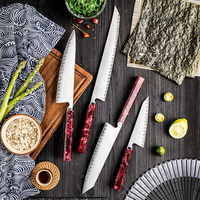 Set Pisau Dapur Chef Jepang Grandsharp Handmade 5 Lapis Baja Karbon Tinggi dengan Gagang Kain Tembaga Resin Merah