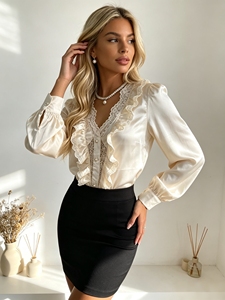 Chemise élégante à volants, col en V, manches longues, service personnalisé, vêtements de bureau pour femmes, haut boutonné pour occasions professionnelles quotidiennes - Product Image 2