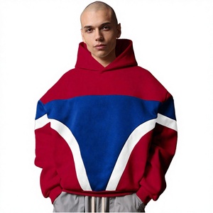 Sweat-shirt à capuche oversize pour homme, en polaire, avec blocs de couleurs rouge, bleu et blanc, style streetwear, vêtements décontractés d'automne - Product Image 3