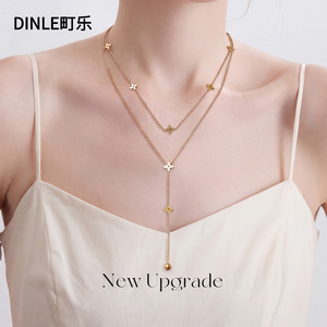 สร้อยคอสองชั้นรูปใบโคลเวอร์สี่แฉก Dinle ทำจากโลหะผสมสังกะสีเคลือบทองและเงิน สร้อยคอแฟชั่นสำหรับผู้หญิง ของขวัญเครื่องประดับ - Product Image 3