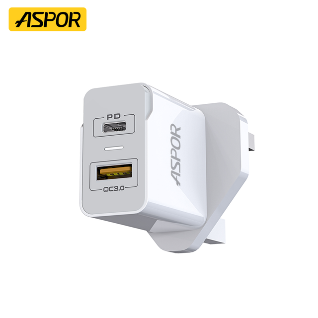 Aspor A826 Type C 20W Charger Brick 18W Dual Port Power Supply Adapter Multifunctional Wall Charger for Earphones & Cameras