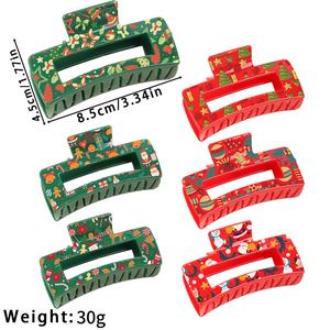 Pinza para el Cabello Navideña de 8.5cm, Cuadrada, Verde, con Diseño Impreso, de Plástico Hueco, con Decoración Roja Festiva - Product Image 3