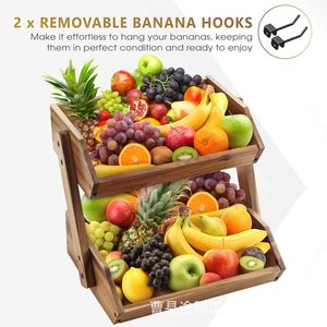 Étagère à fruits et légumes en bois massif à double niveau avec drainage, étagère de rangement de cuisine, design empilable, forme carrée marron - Product Image 2