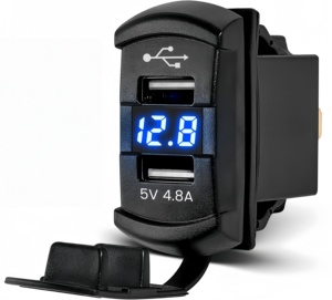 Rocker Style 12V-24V dubbele USB-autolader, waterdichte 4.8A-aansluiting met blauwe LED-<span class=keywords><strong>voltmeter</strong></span> voor boot, vrachtwagen, SUV, RV, UTV - Product Image 1