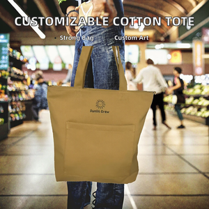 Customizable Heavy-Duty Strong Cotton Grocery Fabric Reusable Shopping Tote <b>Bag</b> Zipper Closure <b>Medium</b> Size Hand Length - Product Image 2