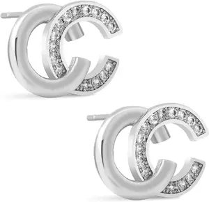 hypoallergenic rhodium plated 925 sterling silver zirconia earrings Wholesale/Custom metal double c letter earrings stud