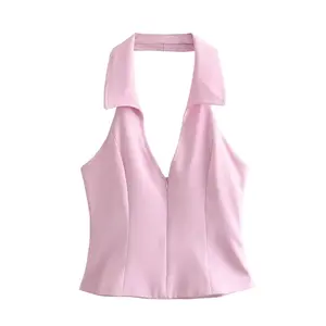 TAOP&ZA 2024 Spring and Summer New Hot Girl Pink V-neck Slim Backless Halter Collar Camisole Top Women 2796777 3067407