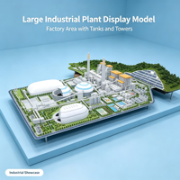 Modèle de présentation d'usine industrielle de grande envergure, bâtiments d'usine, dômes, réservoirs de stockage, tours, unités orange, tuyauterie bleue, conception de modèle 3D, hôtel