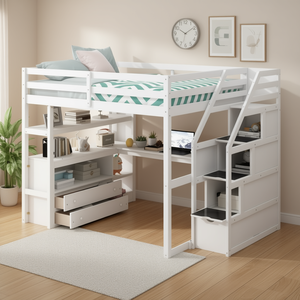 เตียงลอฟท์ขนาดใหญ่พร้อมโต๊ะทำงานและชั้นวางของ บันไดเก็บของแบบมีลิ้นชักสองชั้น เฟอร์นิเจอร์ห้องนอนสีขาวทันสมัย - Product Image 2