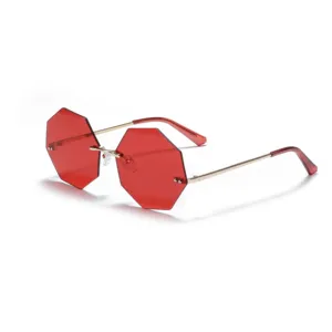 QSKY tasarımcı özel lüks retro metal kol renkli güneş gözlüğü uv400 çerçevesiz sekizgen şekilli güneş gözlüğü özel logo