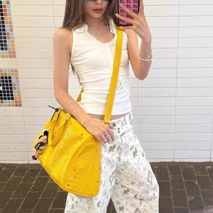 Yellow Crocodile Texture Boston Bag With Rhinestones Unisex Tote For Travel And Leisure - Product Image 4