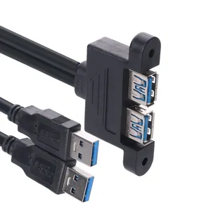 Kabel USB 3.0 2 Port tipe A kode ekstensi adaptor laki-laki ke Perempuan, kabel ekstensi 30cm dengan lubang dudukan Panel sekrup