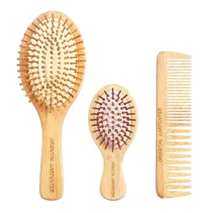 Low MOQ Lasered Logo Eco Friendly Bamboo Hair Brush and Comb Set with Bamboo Bristle