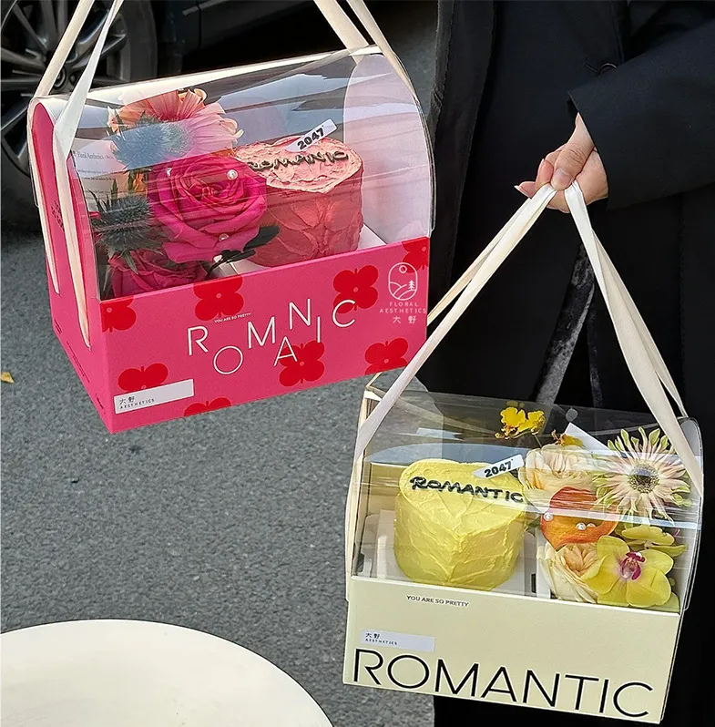 DIY Flower Cake Packaging Box Valentine's Day Couple Confession Handheld Transparent Cake Mother's Day Gift Box