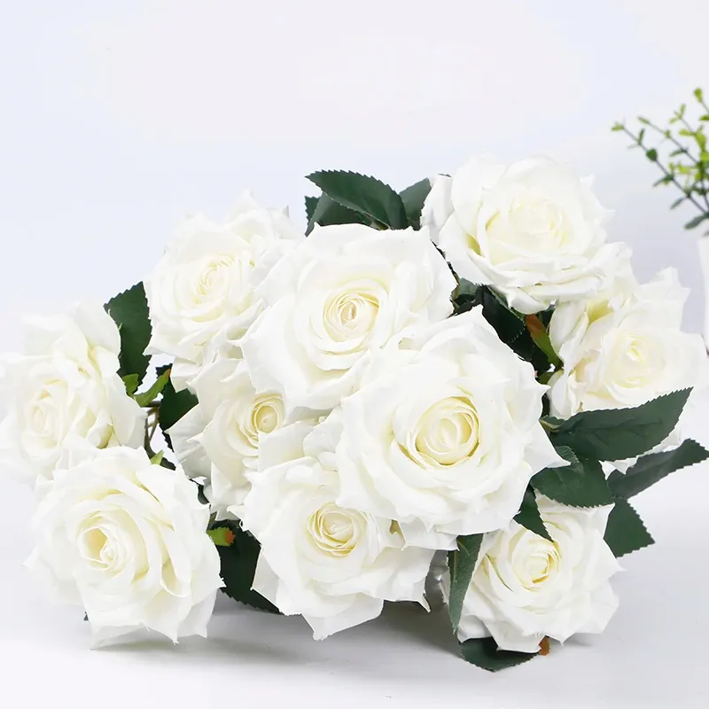 결혼식 홈 파티 장식을위한 10-머리 핫 세일 장미 꽃다발 흰색 인공 꽃