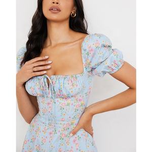 MANNI cravatta manica a sbuffo Bustier con scollo quadrato a spacco floreale abiti Midi causali - Product Image 5