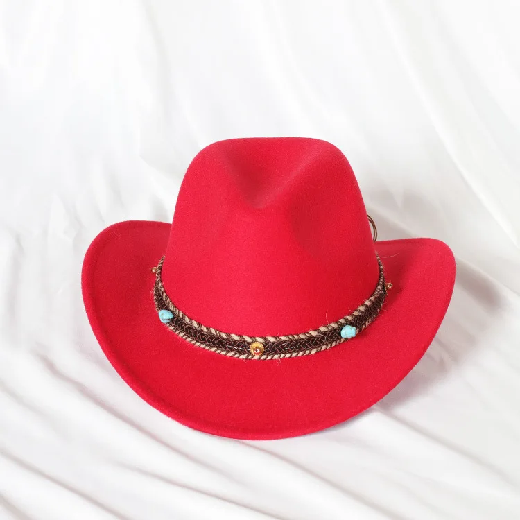 Red Felt Wide-Brim Hat with Decorative Band Red Felt Cowboy Hat | Braided Band Wide Brim, Vintage  main image 4