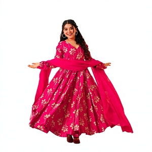 Robe Anarkali rose imprimée pour femme, longueur ras du sol, style traditionnel indien et pakistanais, en coton, décontractée, coupe ample - Product Image 1