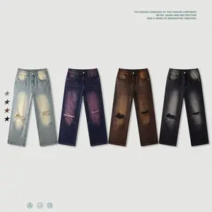 Pantalones vaqueros rasgados de estilo americano para hombre, Jeans Vintage holgados con gradiente de mono lavado, primavera y verano, 2023