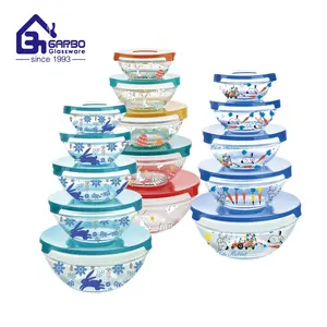 Stackable Clear Round Glass Food Prep Serving Mixing 5 Pieces Set Glass Salad bowls 10 different size with Colorful Lid Custom