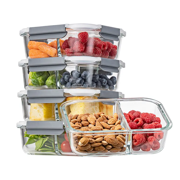 IKOO glass food container snap lock glass top lunch box 2 division