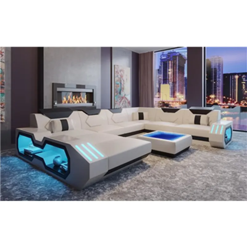 Sofá de couro legítimo preto com luz led, formato em u, para sala de estar, com armazenamento, conjunto de sofá