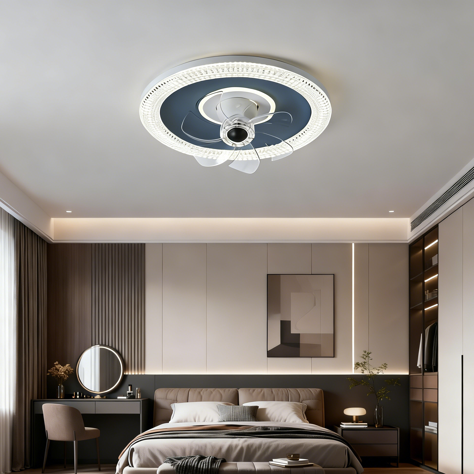 Factory Direct Customizable Crystal LED Ceiling Fan Light with Invisible Blades Modern Low Profile Fan Lamp for Home