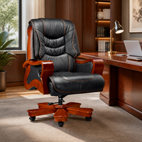Chaise de direction noire A8042 à dossier haut avec surpiqûres contrastées, accoudoirs en bois et base décorative à roulettes en bois