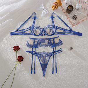 Nouvel ensemble de lingerie bleu saphir brodé, broderie éblouissante et sous-vêtements tendance ajustés - Product Image 5