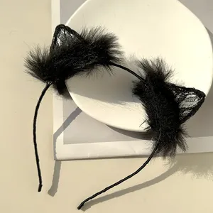 Bando telinga kucing Halloween, aksesori rambut Cosplay renda, jepit rambut, properti kinerja pesta, bando wanita