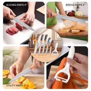 ชุดมีดครัวเคลือบสารกันติดแบบใหม่ล่าสุด ด้ามจับดีไซน์พิเศษ ผลิตจากสแตนเลส ประกอบด้วยมีดปังตอ มีดหั่นขนมปัง มีดซันโตะกุ มีดเชฟ พร้อมกล่องของขวัญสีสันสวยงาม - Product Image 5