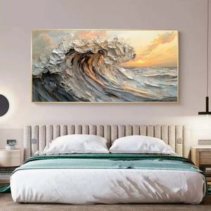 ภาพวาดสีน้ำมันลายคลื่นทะเลแบบแฮนด์เมดบนผืนผ้าใบสำหรับตกแต่งบ้านพักตากอากาศ โรงแรม รีสอร์ท และห้องนอน - Product Image 1